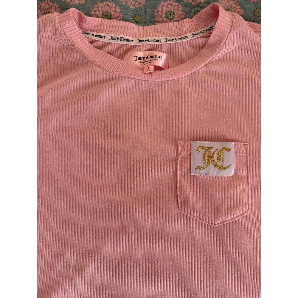 Juicy Couture Pink Ribbed Tee with Gold Logo Pocket • Size Small - Picture 2 of 4